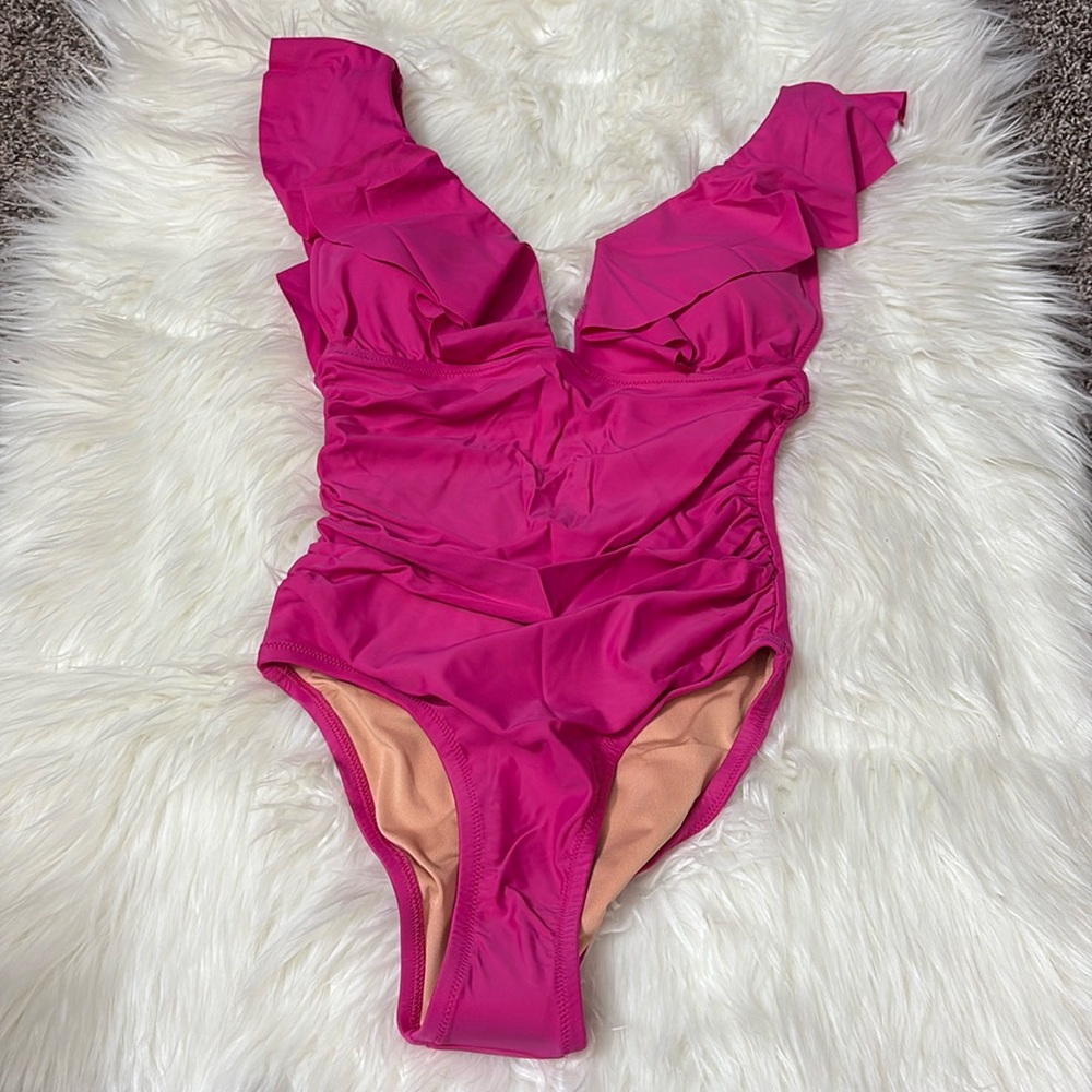 NWT J. Crew Ruched Ruffle One-Piece Swimsuit Radiant Fuchsia Color Size 4
